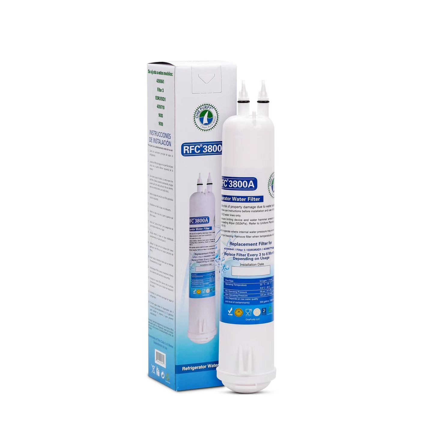 OnePurify RFC3800A Replacement for Whirlpool® Everydrop Filter 3, EDR3RXD1, 4396710, 4396841, Kenmore® 46-9083, 46-9030, 46-9030 Refrigerator Water Filter