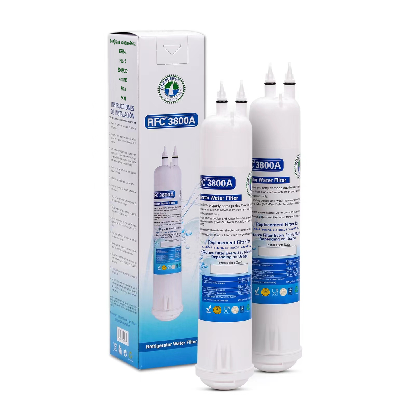 OnePurify RFC3800A Replacement for Whirlpool® Everydrop Filter 3, EDR3RXD1, 4396710, 4396841, Kenmore® 46-9083, 46-9030, 46-9030 Refrigerator Water Filter