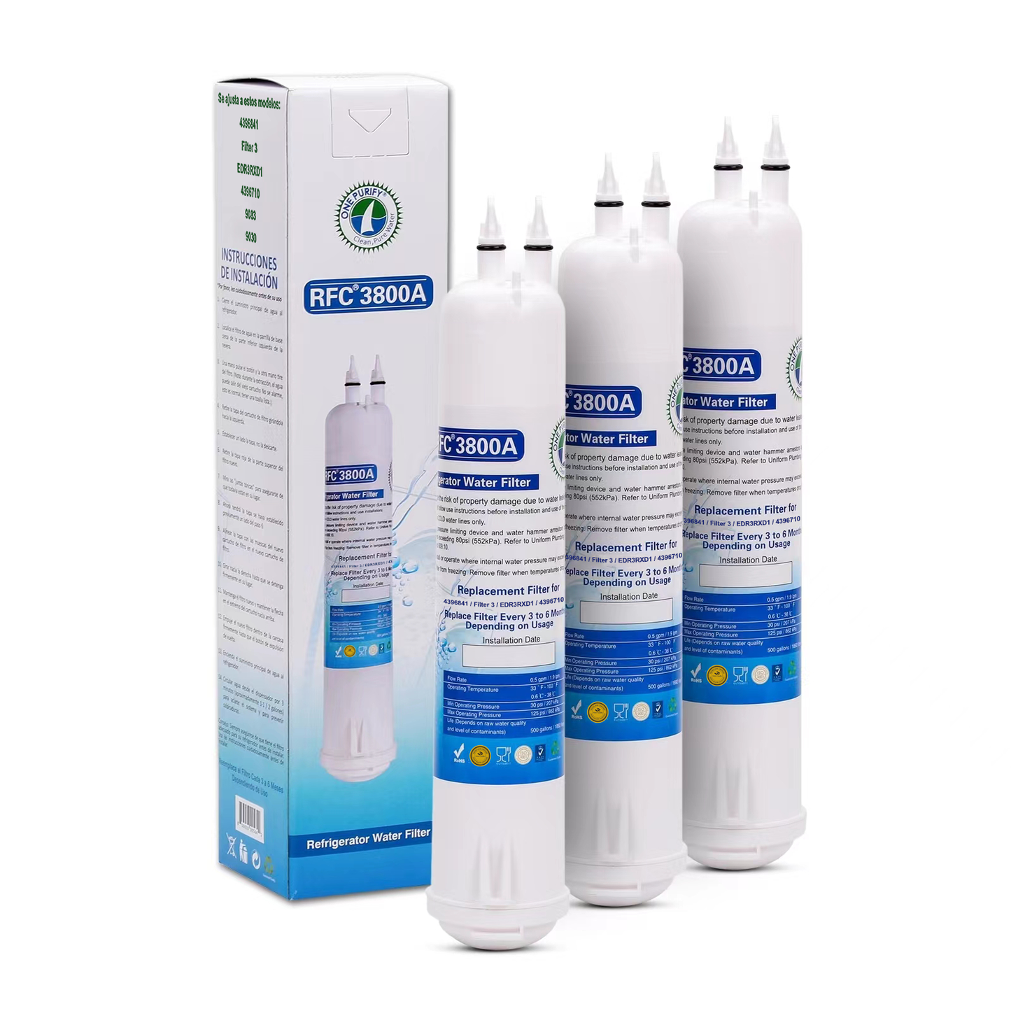 OnePurify RFC3800A Replacement for Whirlpool® Everydrop Filter 3, EDR3RXD1, 4396710, 4396841, Kenmore® 46-9083, 46-9030, 46-9030 Refrigerator Water Filter